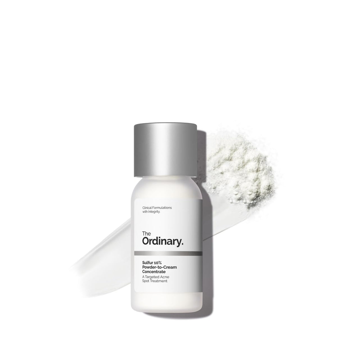SlimBag The Ordinary Sulfur 10% powder-to-cream acne spot treatment showing a small jar of the product with a spoon for application, close-up.