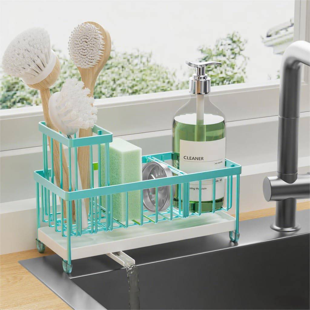 Cisily Sponge Holder for Kitchen Sink, Sink Caddy Organizer with High Brush Holder, Kitchen Countertop Organizers and Storage Essentials, Rustproof 304 Stainless Steel (Black, 9.25″)