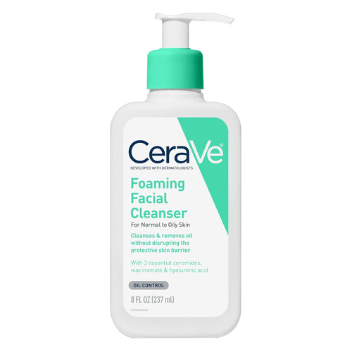 SlimBag CeraVe Foaming Facial Cleanser for oily skin, with hyaluronic acid, ceramides, and niacinamide in a 8 oz bottle.