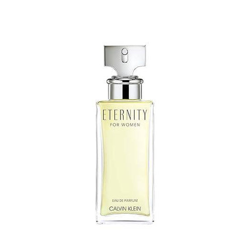 Calvin Klein Eternity floral women's perfume bottle with white lily, rose, sandalwood, and amber notes, shown on a white background.