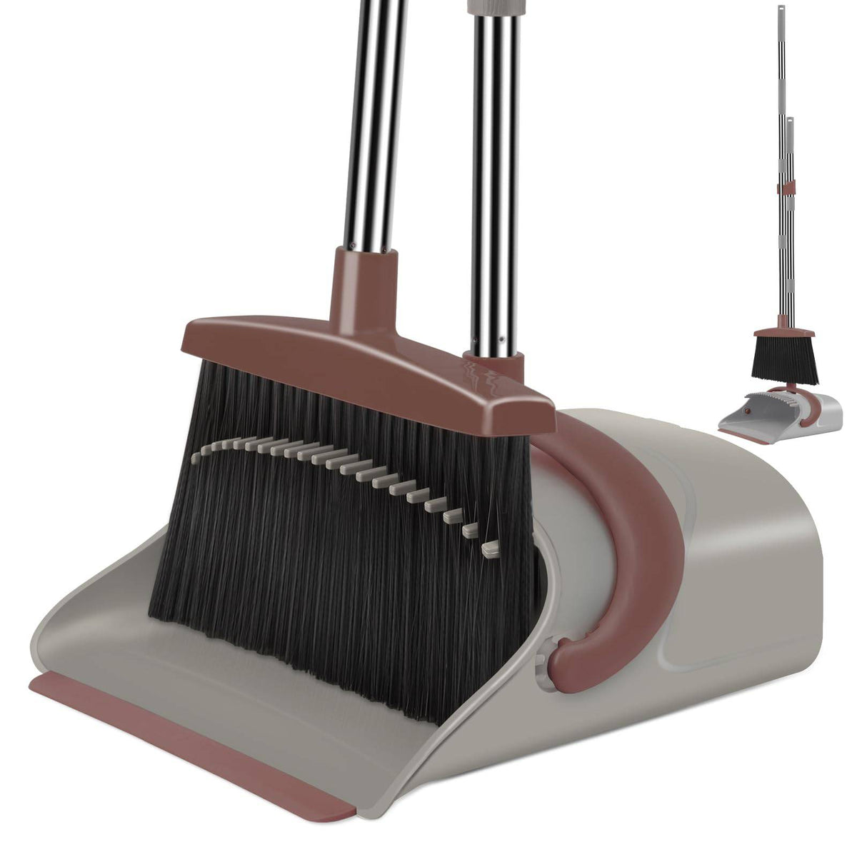 Broom and Dustpan Set for Home, Broom and Dustpan Combo for Office, Long Handle Broom with Upright Standing Dust pan,Indoor&Outdoor Sweeping (Gray&Orange)