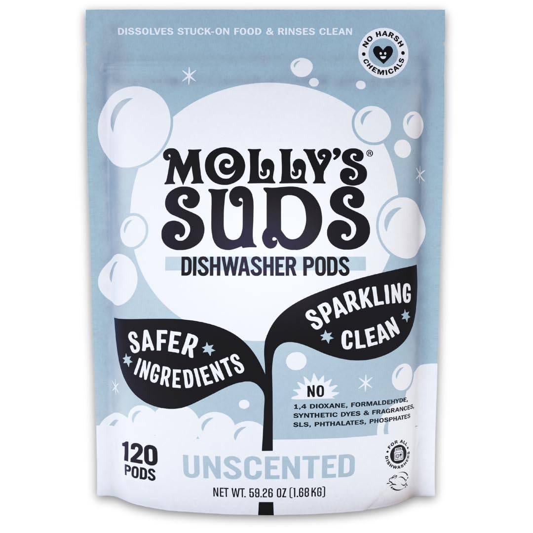 Molly's Suds Dishwasher Pods | Clean Dishwasher Detergent, Cuts Grease & Rinses Clean (Residue-Free) for Sparkling Dishes | 60 Auto-Release Tabs (Unscented)