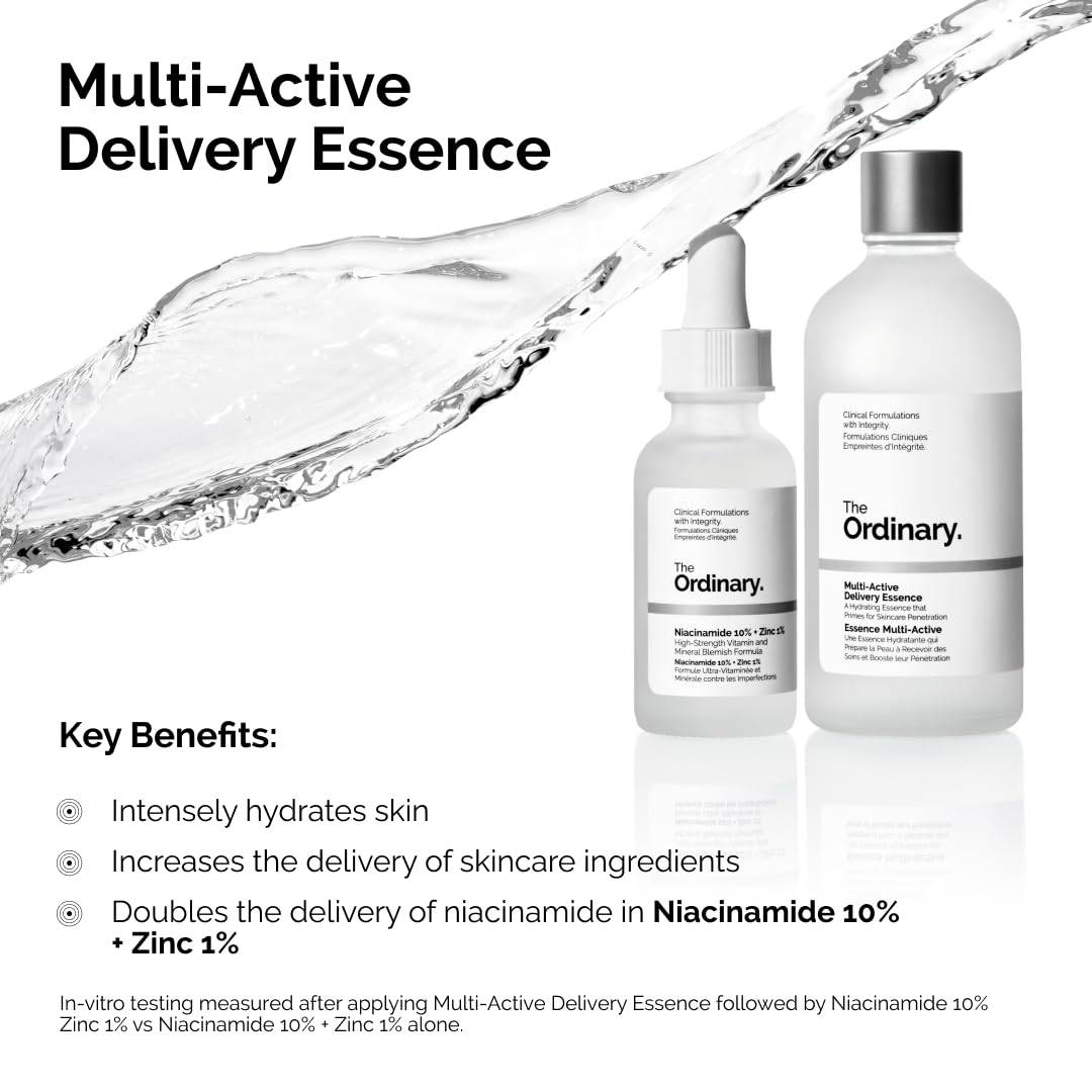 SlimBag The Ordinary Multi-Active Delivery Essence in a clear bottle, hydrating skincare face essence for softer, smoother glass skin.