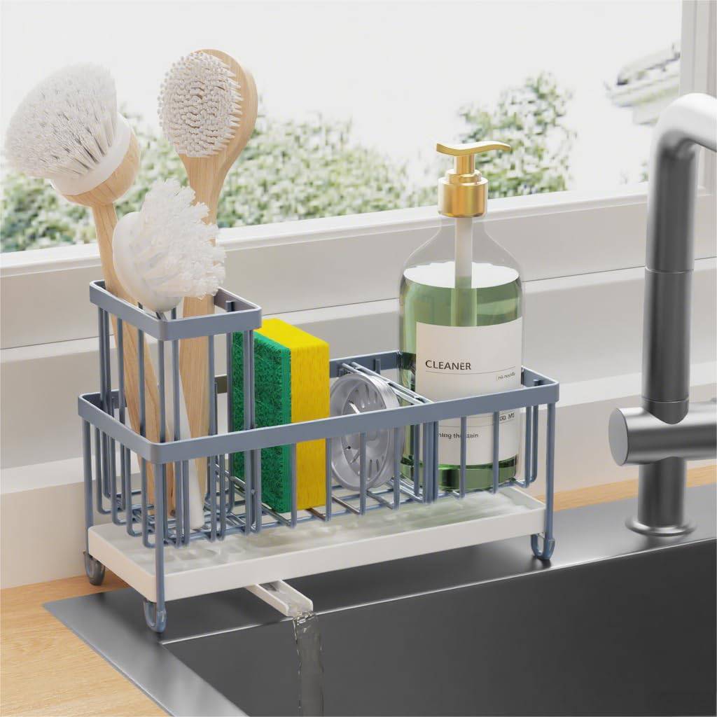 Cisily Sponge Holder for Kitchen Sink, Sink Caddy Organizer with High Brush Holder, Kitchen Countertop Organizers and Storage Essentials, Rustproof 304 Stainless Steel (Black, 9.25″)