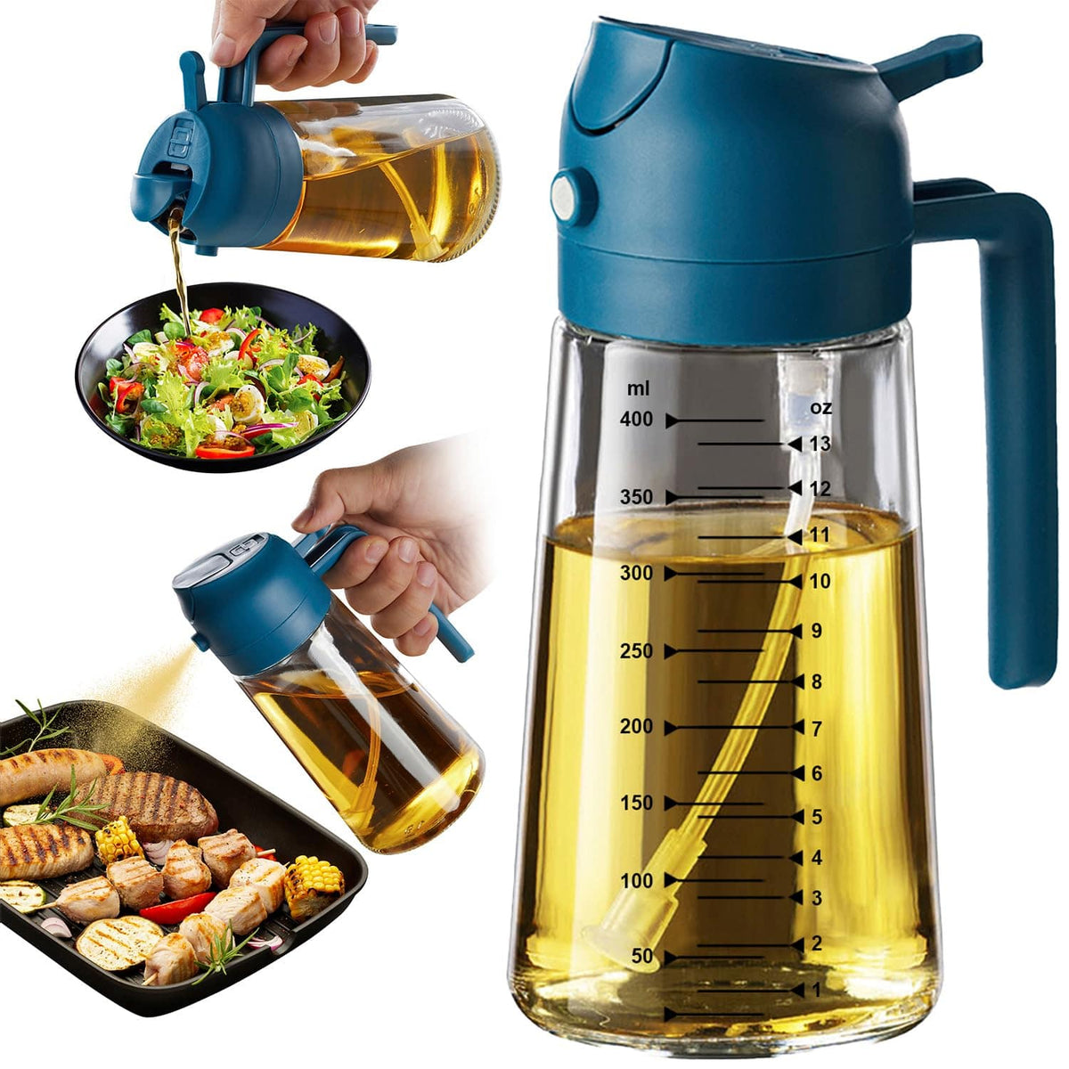 TrendPlain 16oz/470ml Glass Olive Oil Sprayer for Cooking – 2 in 1 Olive Oil Dispenser Bottle for Kitchen Gadgets and Air Fryer Accessories, Salad, BBQ - Black