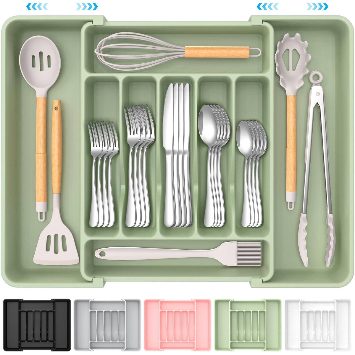 Extra Large Expandable Silverware Organizer, BPA-Free Food-Safe Cutlery Flatware Organizer, Kitchen Utensil Drawer Organizer, Adjustable Silverware Holder for Spoons Forks Knives, Black