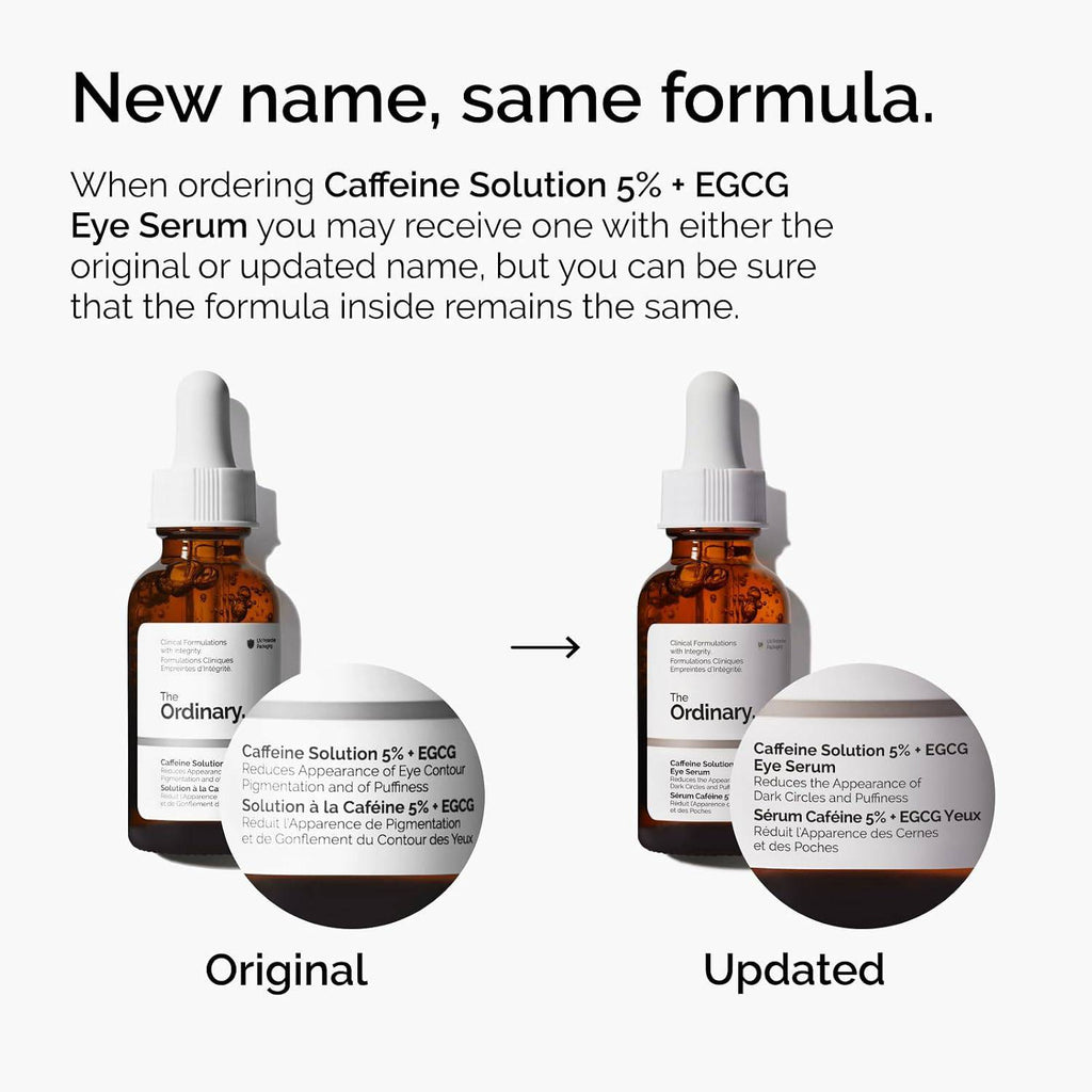 SlimBag The Ordinary Caffeine Solution 5% + EGCG eye serum in a clear bottle with dropper, designed to reduce dark circles and puffiness.