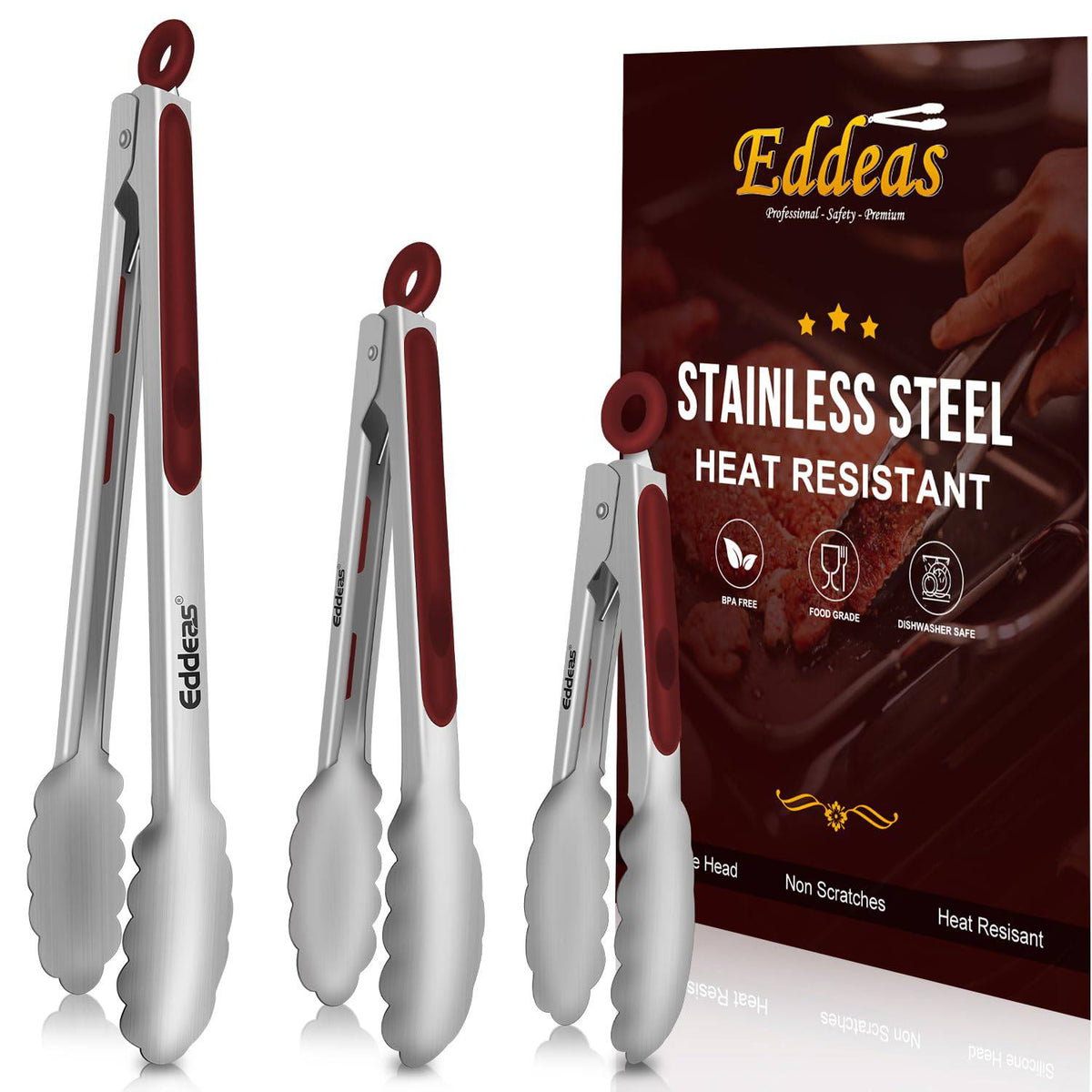 Tongs For Cooking - Heat Resistant 600 Degrees Stainless Steel Kitchen Tong,Heavy Duty Metal Locking Tongs - Perfect for Food,Salad and BBQ set of 3 (7",9" and 12") Dishwasher