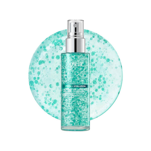 Anua PDRN Collagen Glow Facial Serum Spray in a clear glass bottle, hydrating mist with hyaluronic acid for all skin types.