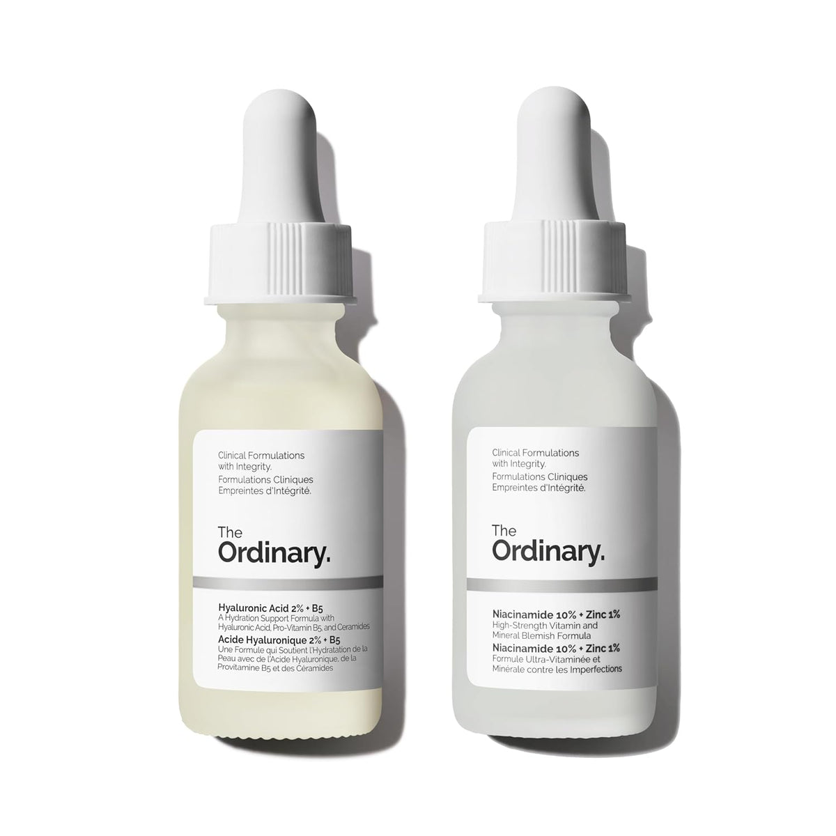 SlimBag The Ordinary Skin Support Basics Duo with Hyaluronic Acid and Niacinamide bottles for all skin types, displayed on a white background.