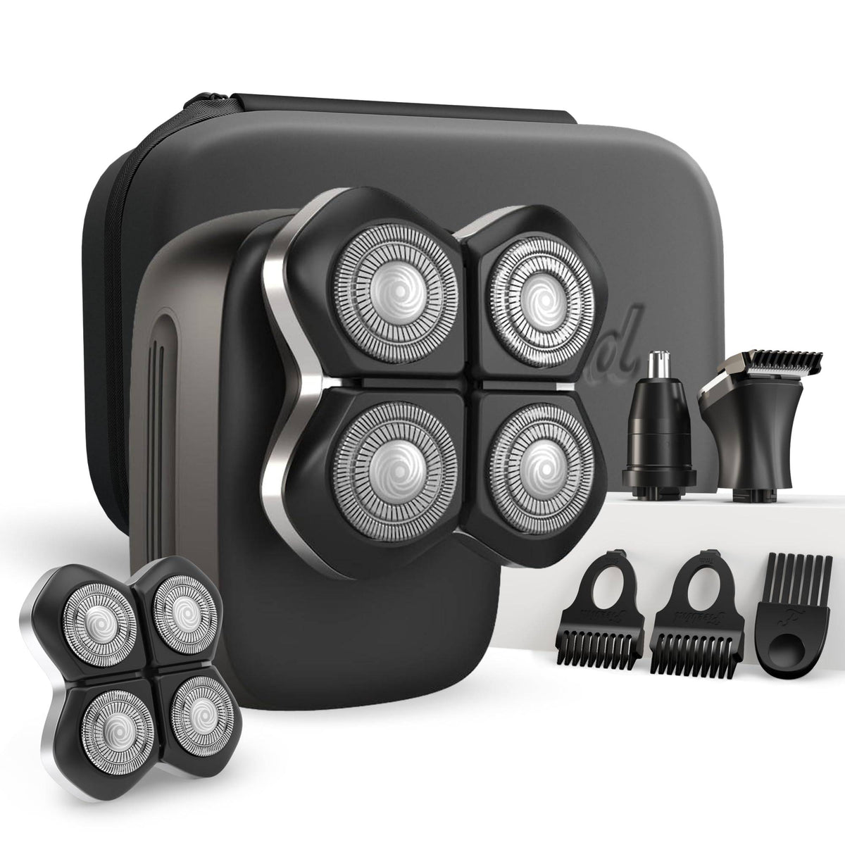 Freebird FlexSeries Electric Head & Body Hair Shaver - Mens Cordless Rechargeable Wet/Dry Skull Bald Head Back & Groin Waterproof Razor with Rotary Blades, Clippers, Nose Trimmer, Brush, Massager