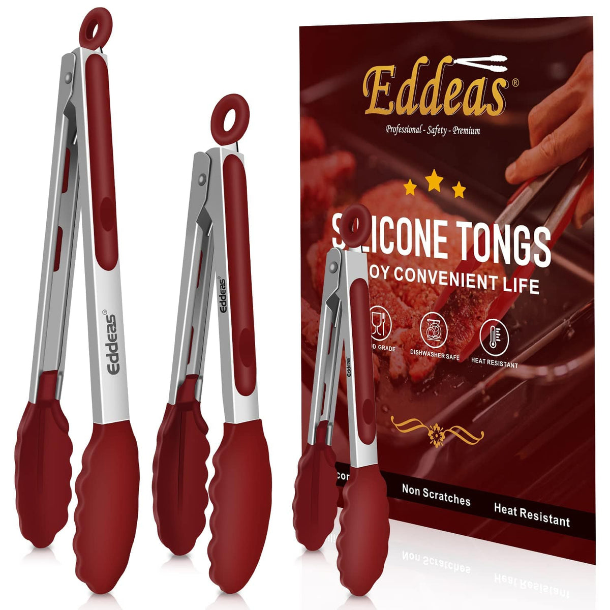 Tongs For Cooking - Heat Resistant 600 Degrees Stainless Steel Kitchen Tong,Heavy Duty Metal Locking Tongs - Perfect for Food,Salad and BBQ set of 3 (7",9" and 12") Dishwasher