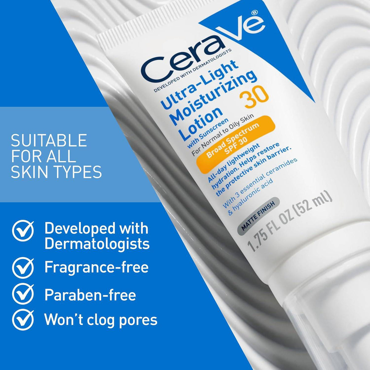 SlimBag CeraVe Ultra-Light Moisturizing Lotion with SPF 30, oil-free face moisturizer with hyaluronic acid and ceramides in a 1.7 oz tube