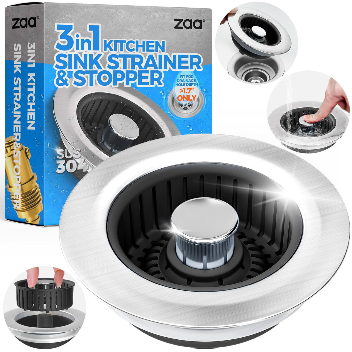 Sink Drain Strainer - Sink Stopper Kitchen Drain, 3 in 1 Kitchen Sink Drain Strainer with Anti-Clogging Basket, Kitchen Gadgets Clearance Sink Accessories, Fit US Standard 3-1/2'' Sink Hole, Silver