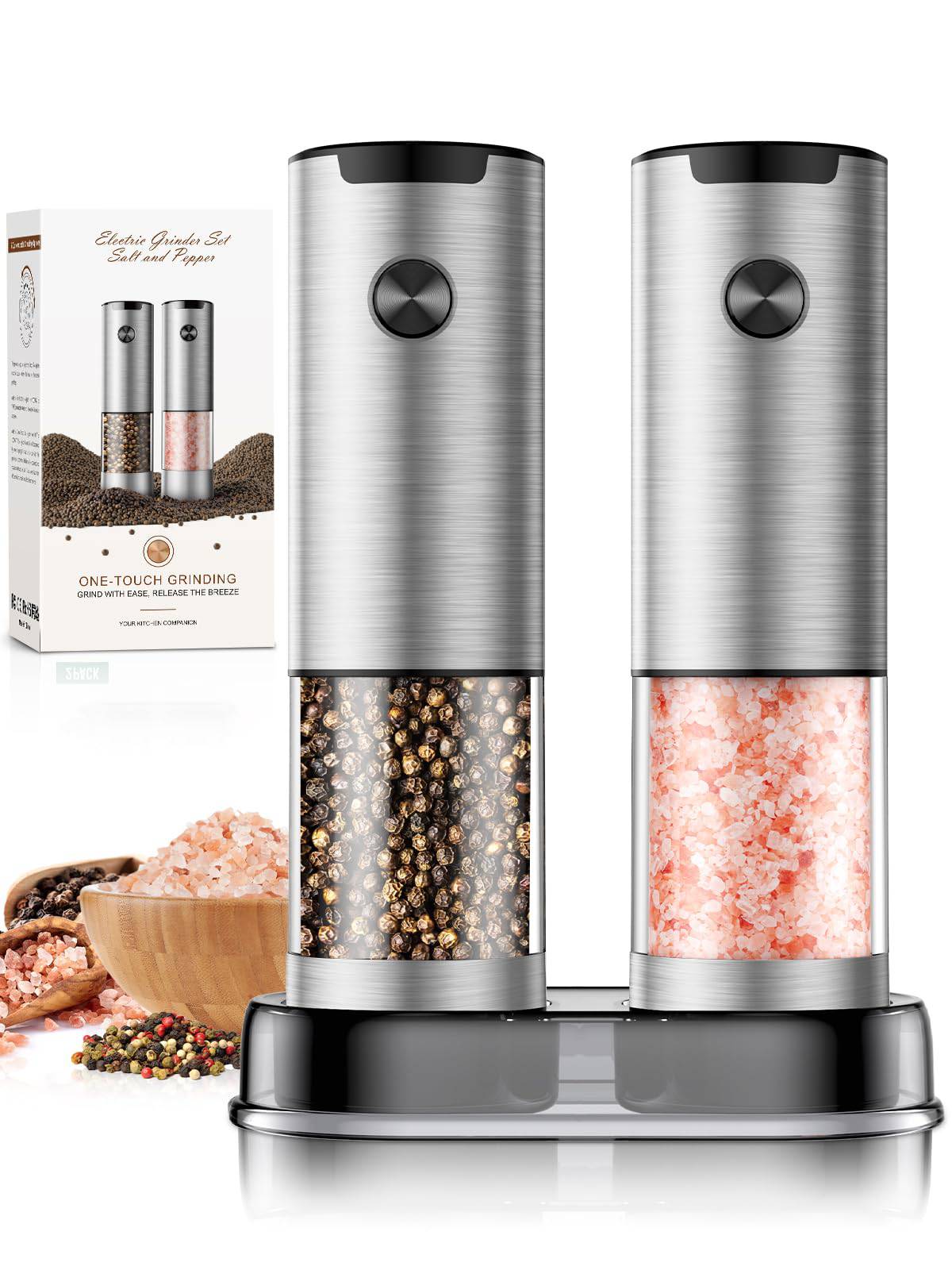 Electric Salt and Pepper Grinder Set Automatic Battery Pepper Mill Shakers Adjustable Coarseness Upgraded Larger Capacity with Led Home and Kitchen Appliances Birthday Gifts for Women Mom