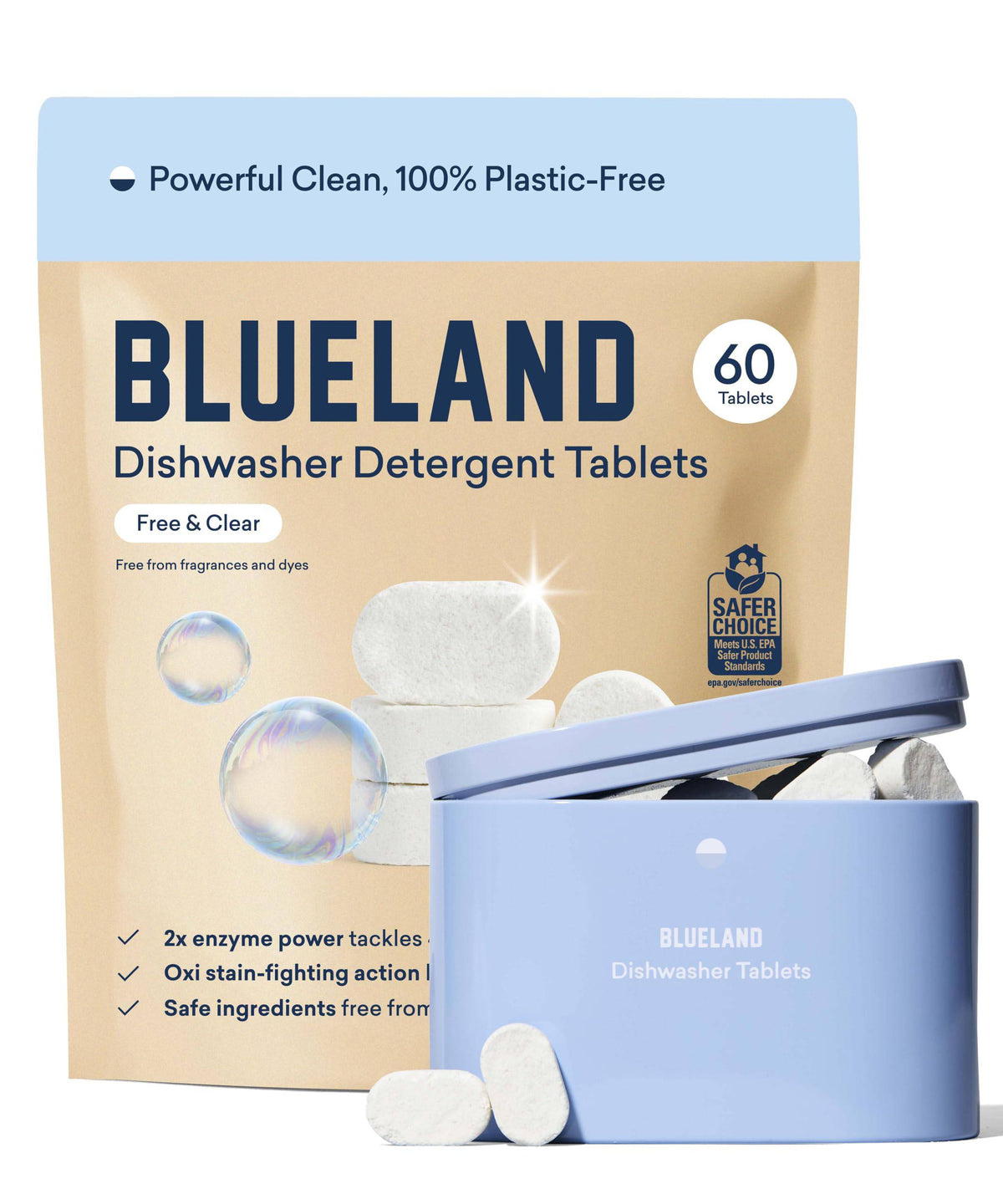 BLUELAND 100% Plastic-Free Dishwasher Detergent Tablets, 60 Count, Free & Clear, Eco-Friendly Dishwashing Pods, Natural, USDA Certified biobased