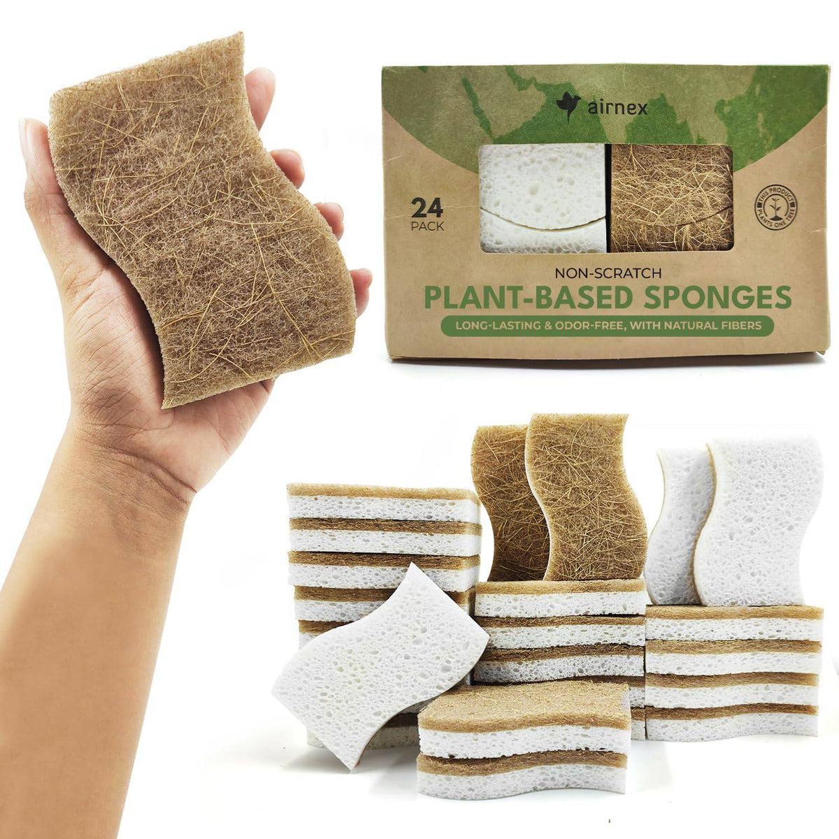 Biodegradable Natural Kitchen Sponge - Compostable Cellulose and Coconut Walnut Scrubber Sponge (12 Pack)