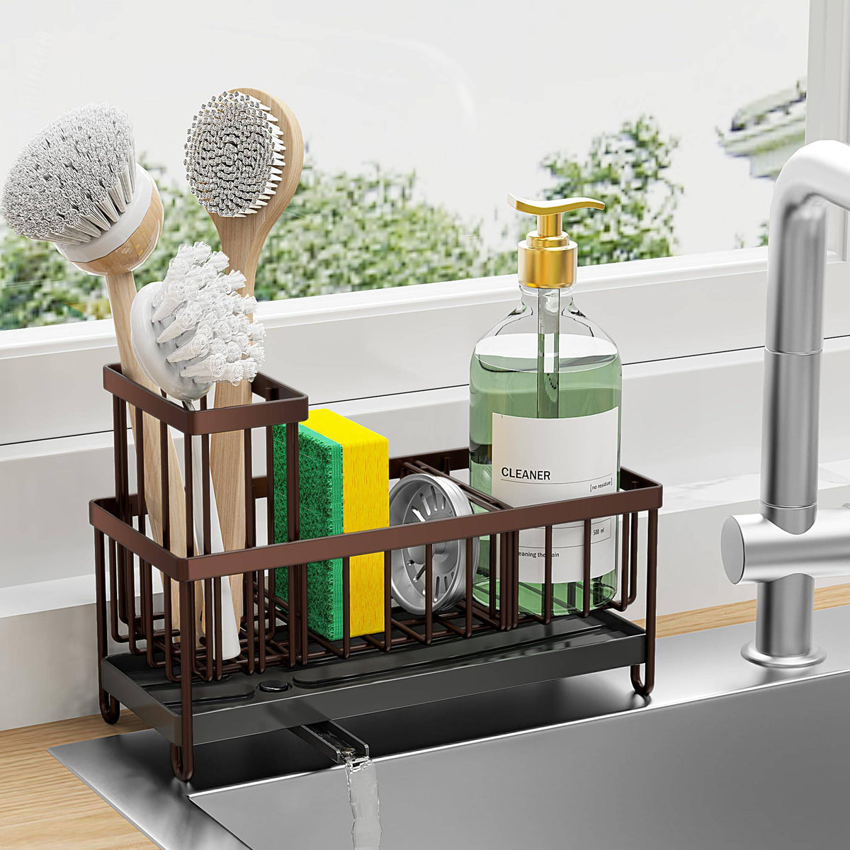 Cisily Sponge Holder for Kitchen Sink, Sink Caddy Organizer with High Brush Holder, Kitchen Countertop Organizers and Storage Essentials, Rustproof 304 Stainless Steel (Black, 9.25″)