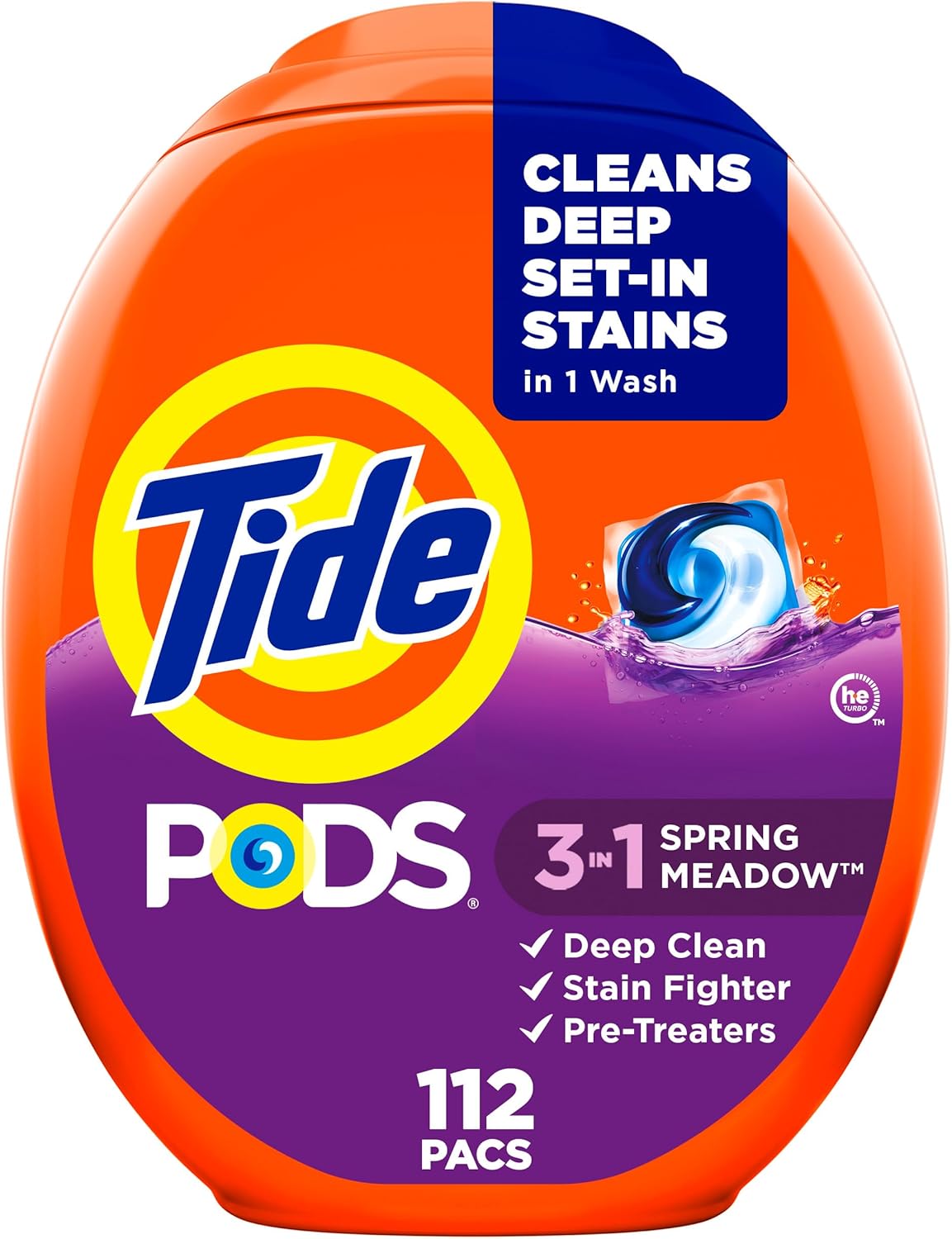 Tide PODS laundry detergent pacs, 3-in-1 Stain Remover, Odor Fighter, Color Protector, 112 Count, HE compatible, Spring Meadow Scent