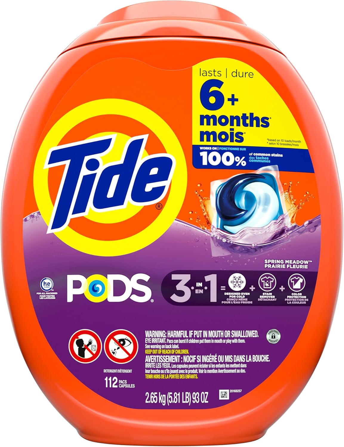 Tide PODS laundry detergent pacs, 3-in-1 Stain Remover, Odor Fighter, Color Protector, 112 Count, HE compatible, Spring Meadow Scent