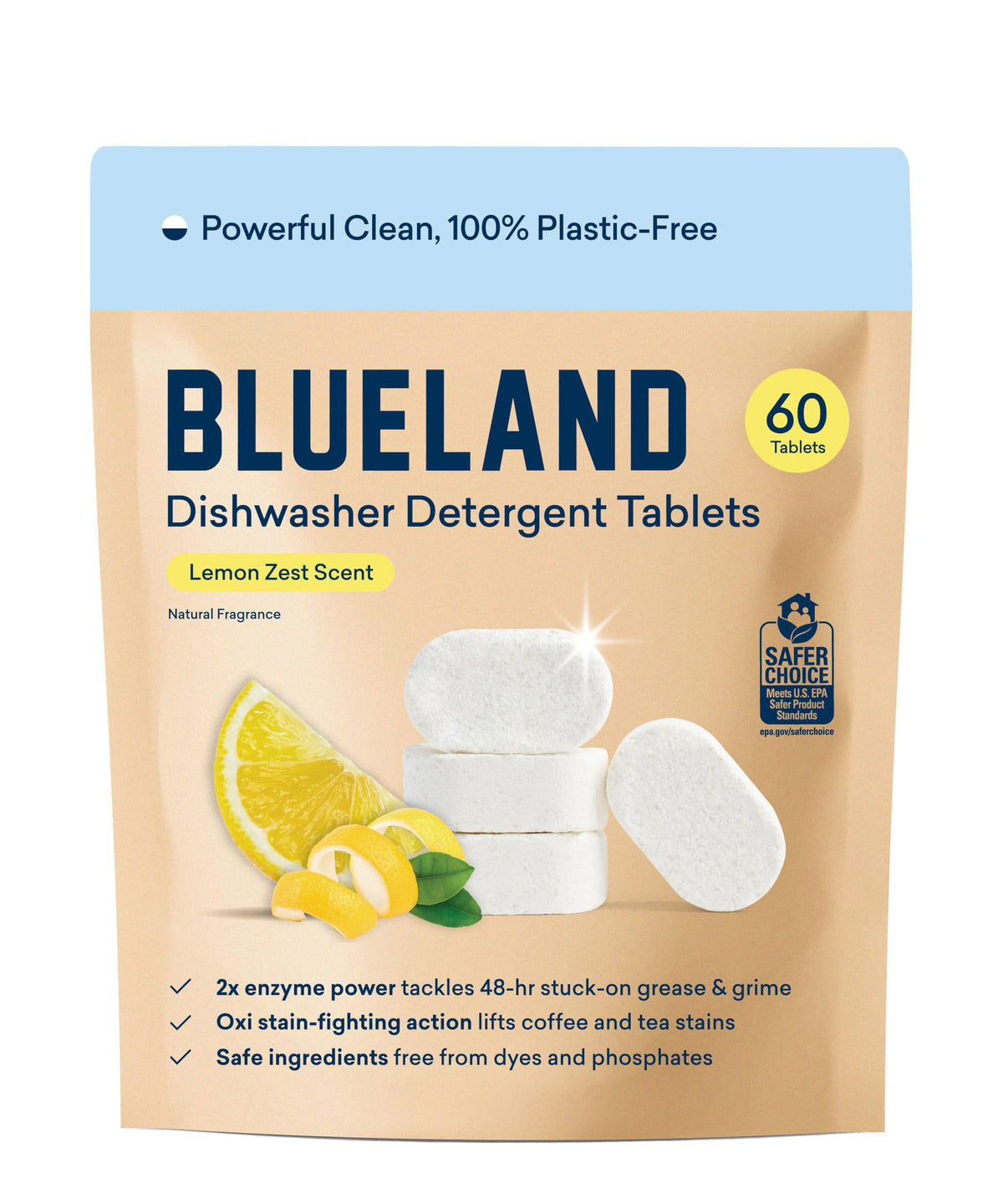 BLUELAND 100% Plastic-Free Dishwasher Detergent Tablets, 60 Count, Free & Clear, Eco-Friendly Dishwashing Pods, Natural, USDA Certified biobased