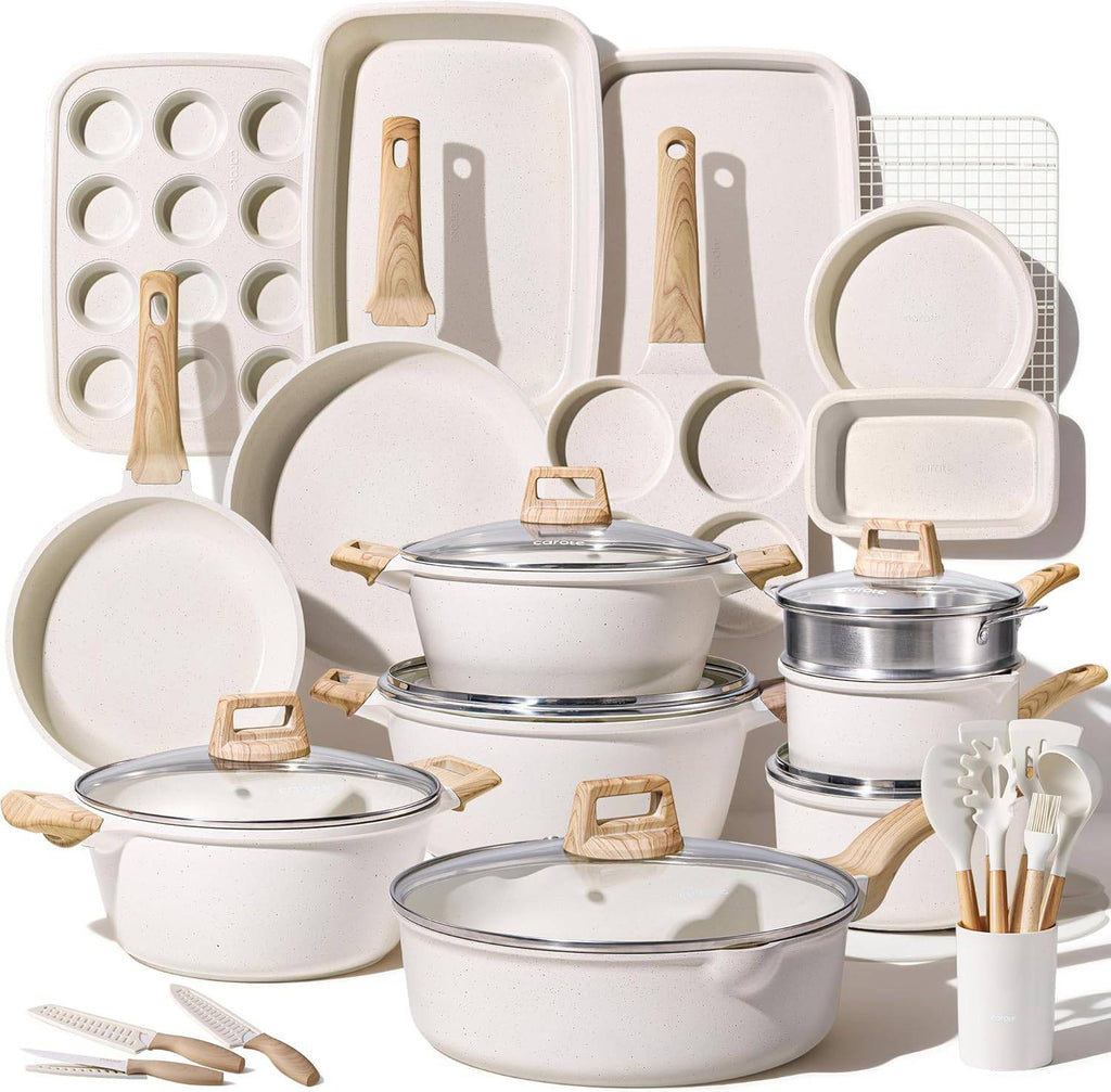CAROTE 44pcs Pots and Pan Set Nonstick, Cookware Sets, Cooking Set Non Stick, Induction Cook Ware with Bakeware Set, Kitchen Knife Set