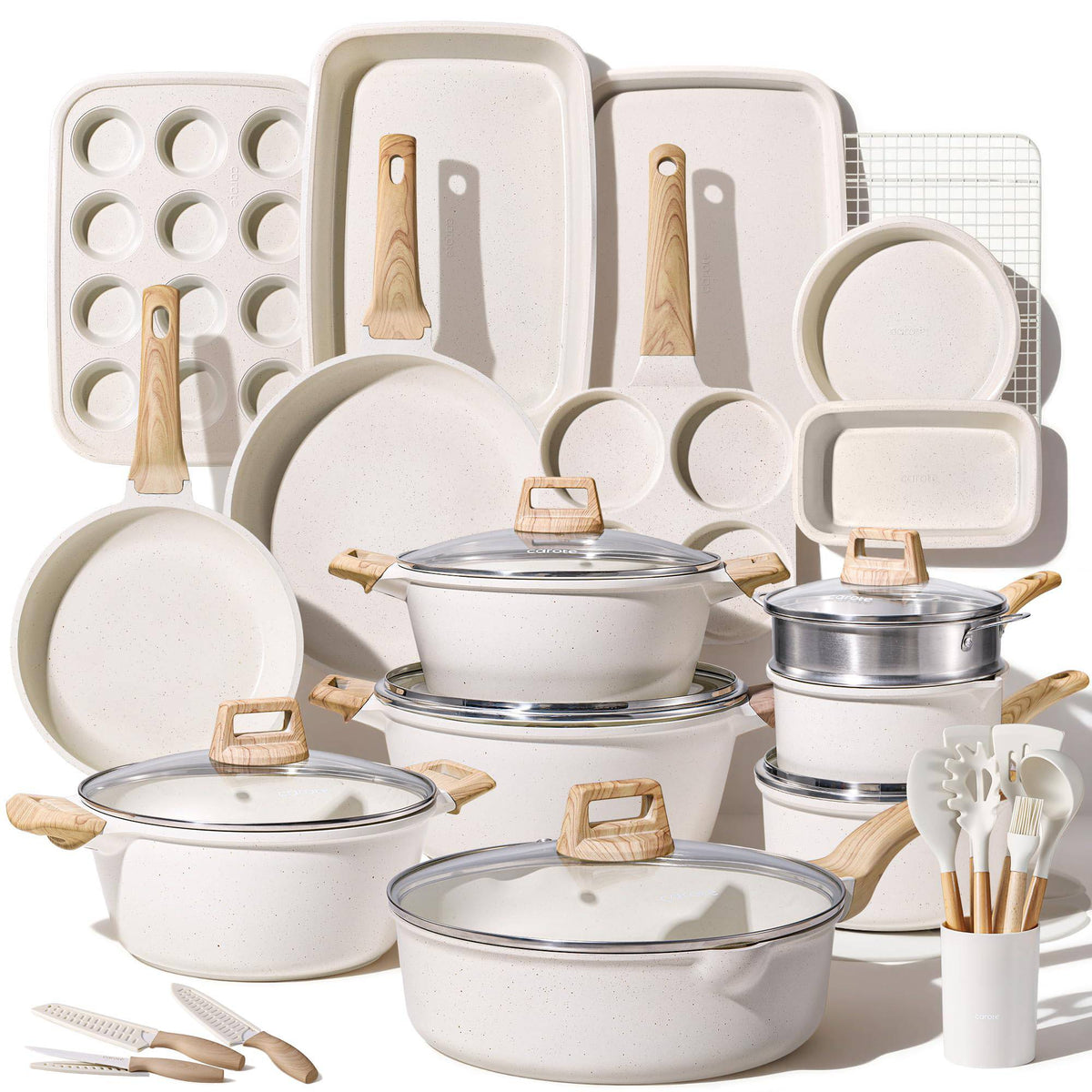 CAROTE 21Pcs Pots and Pans Set, Nonstick Cookware Sets, White Granite Induction Cookware Non Stick Cooking Set w/Frying Pans & Saucepans(PFOS, PFOA Free)