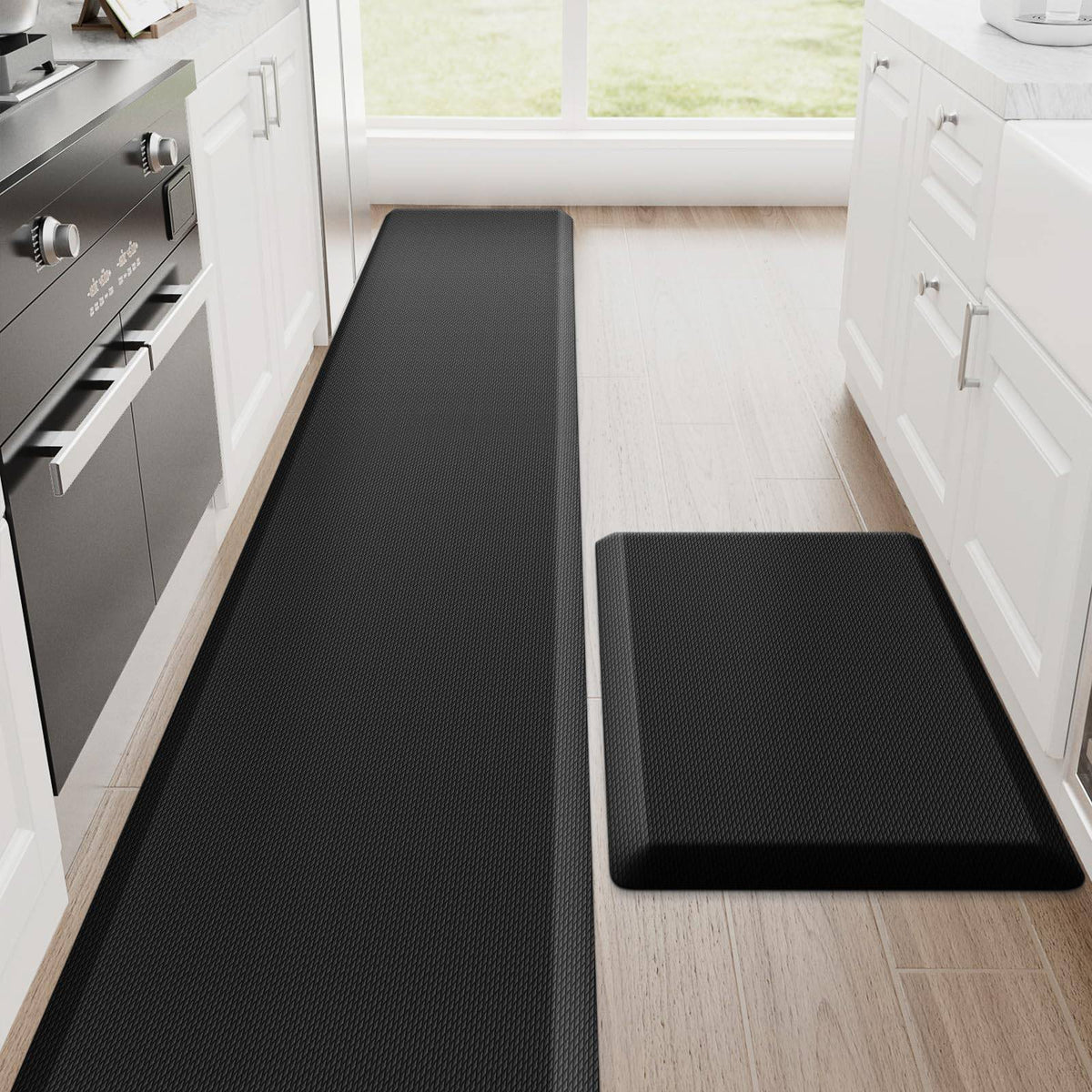 StepRite Kitchen Mats, 2PCS Kitchen Rugs, Cushioned Anti Fatigue Kitchen Mats for Floor, Non-Slip Standing Desk Mat, Waterproof Kitchen Rug Set for Kitchen, Floor, Office, 17.3"x30"+17.3"x47", Black