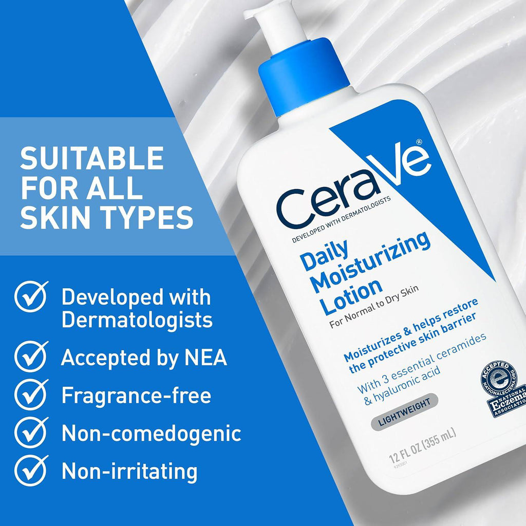 SlimBag CeraVe Daily Moisturizing Lotion bottle with label, showing fragrance-free, oil-free body and face moisturizer with hyaluronic acid.