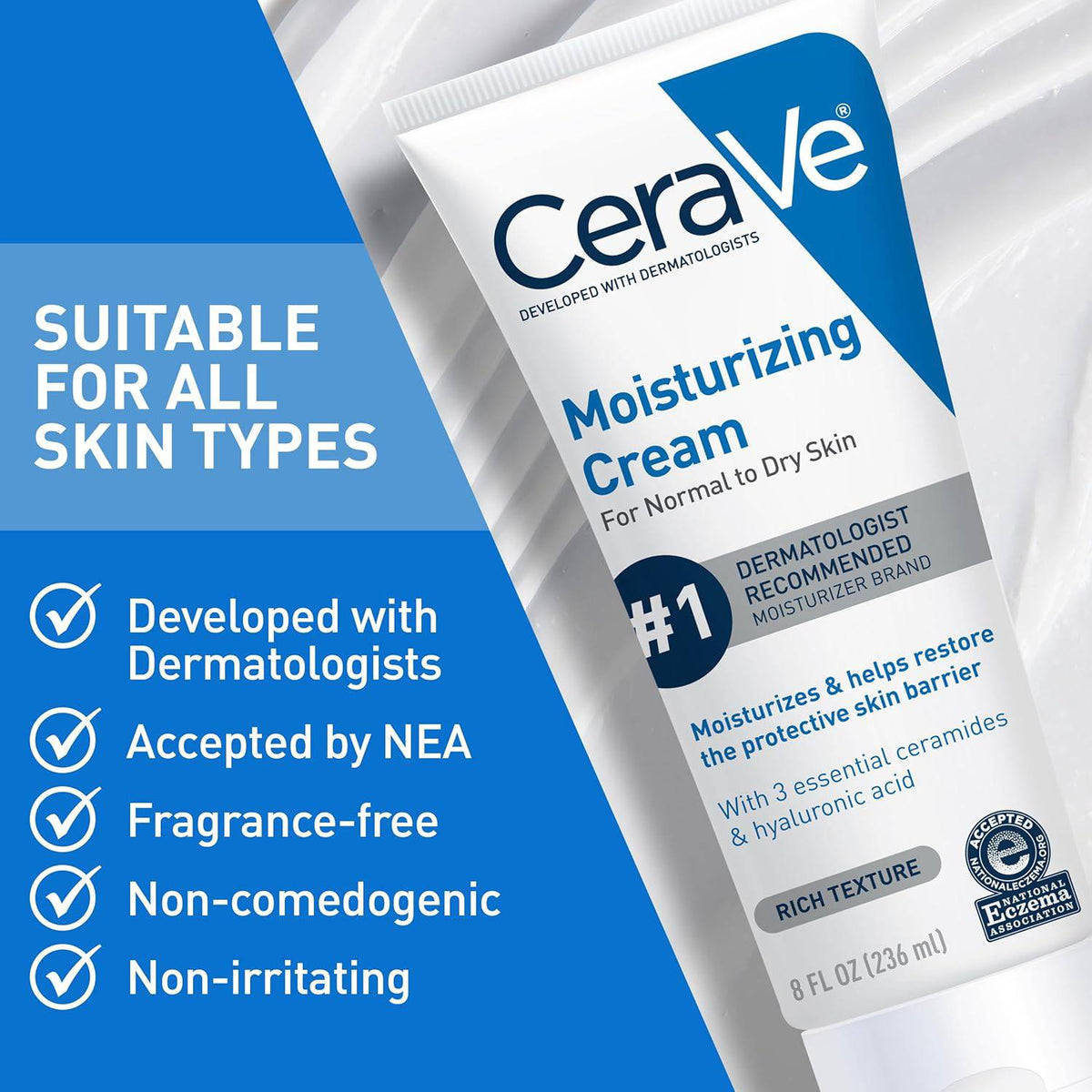 SlimBag CeraVe Moisturizing Cream for face and body, fragrance-free with hyaluronic acid and ceramides for dry skin hydration