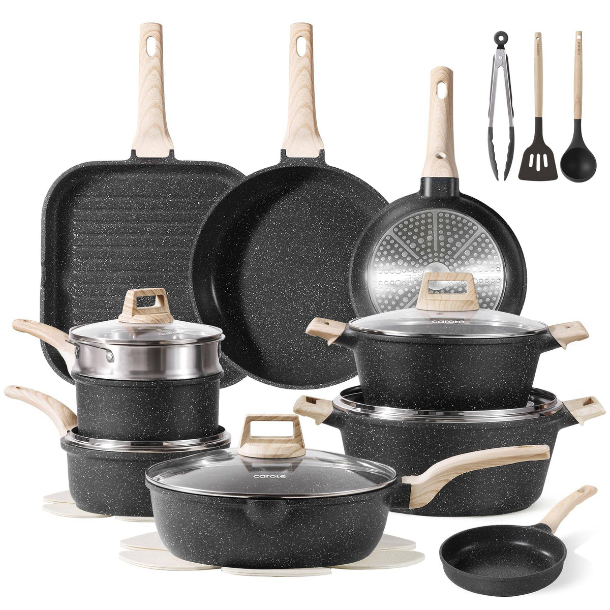 CAROTE 44pcs Pots and Pan Set Nonstick, Cookware Sets, Cooking Set Non Stick, Induction Cook Ware with Bakeware Set, Kitchen Knife Set