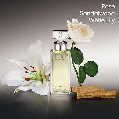Calvin Klein Eternity floral women's perfume bottle with bergamot, white lily, white rose, sandalwood, and amber notes.