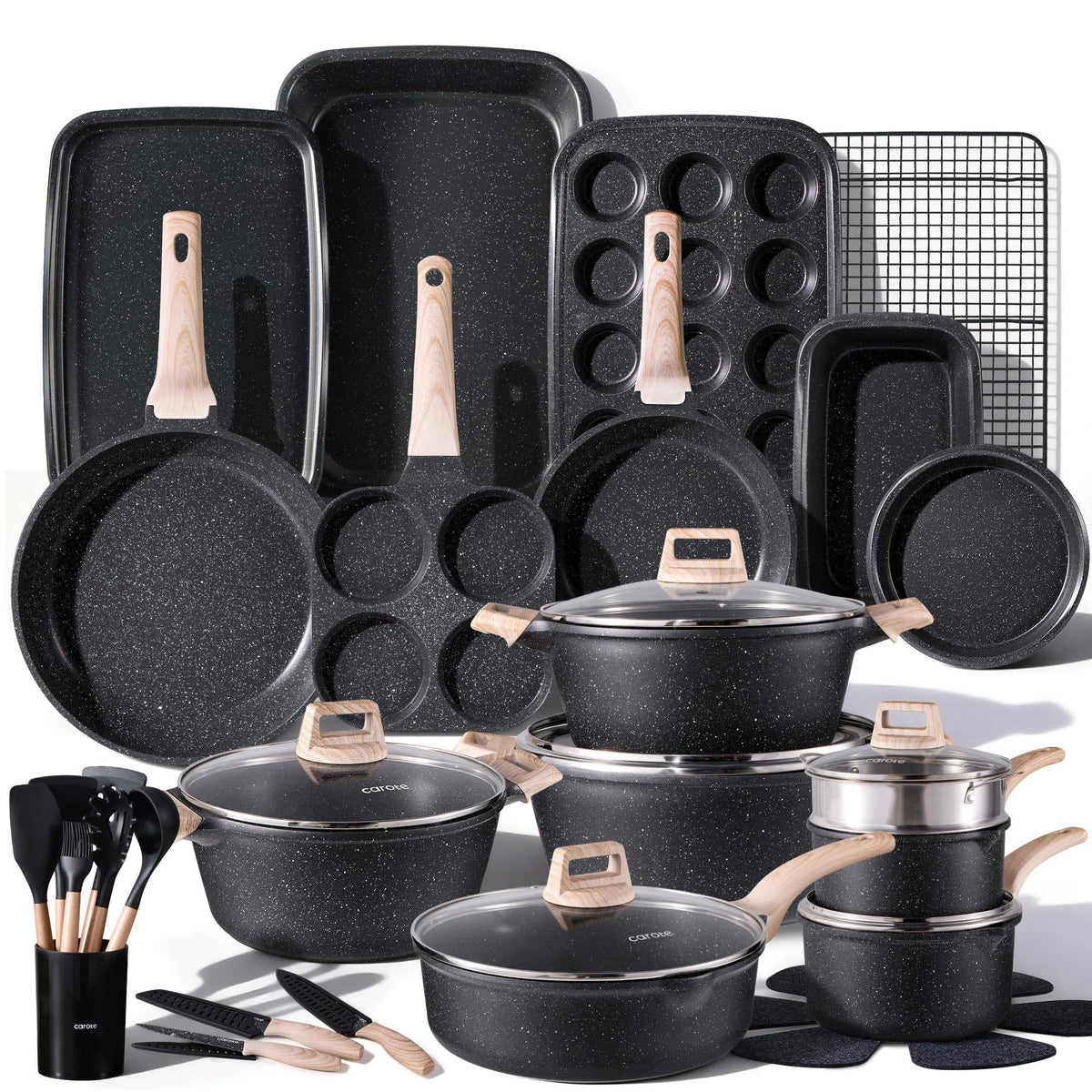 CAROTE 21Pcs Pots and Pans Set, Nonstick Cookware Sets, White Granite Induction Cookware Non Stick Cooking Set w/Frying Pans & Saucepans(PFOS, PFOA Free)